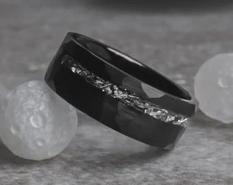 Forged Meteorite, Men's Wedding Ring, Hammered Tungsten Ring, Meteorite Tungsten Ring, Gibeon Meteorite Ring, Black Wedding Ring, Thorum