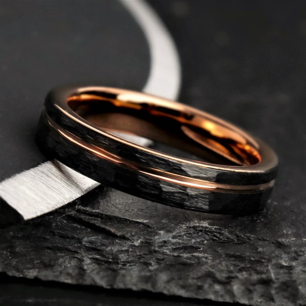 The Apollo, Schwarzer Rosegold Ring, Gehämmerter Ehering, Alternativer Ehering, Einzigartiger Verlobungsring, 4 mm Ring, Thorum