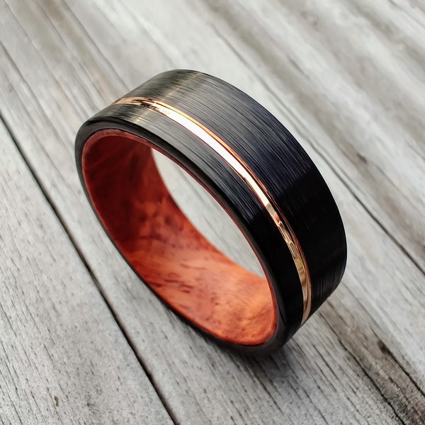The Loki, Rosewood Burl Ring, Redwood Ring, Black Gold Wood Ring, Black and Rose Gold Tungsten, Rose Gold Ring, Filed Ring, Thorum
