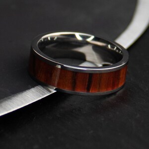 May include: A silver-toned ring with a dark wood inlay. The ring has a polished finish and a band of reddish-brown wood. The ring is shown on a dark surface.