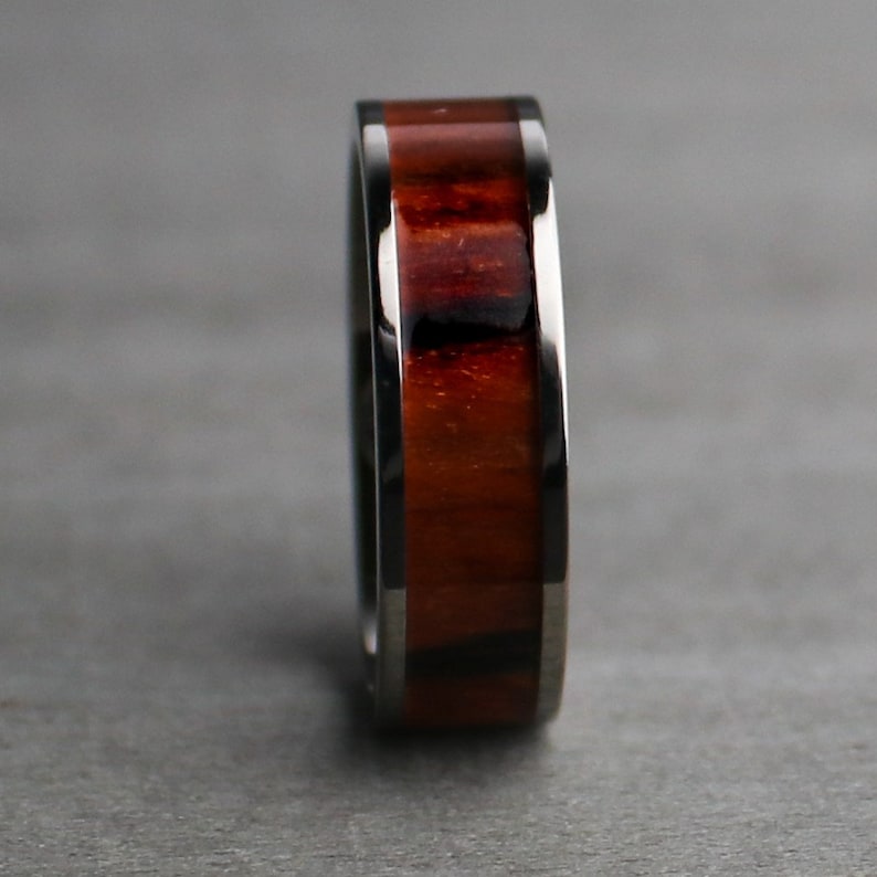 May include: Close-up of a ring with a dark wood inlay and a silver-colored metal band. The wood grain is visible, with shades of red and brown. The ring is a simple, elegant design.