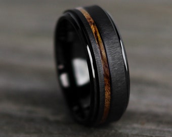 The Aloha, Koa Ring, Black Tungsten Ring, Hawaiian Wood Ring, Matte Black Ring, Wood Engagement Ring, Wedding Ring, Ring for Men, Thorum