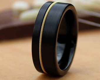 The Rhoads, Guitar String Ring, Black Ring, Wedding Band Ring, Beveled Edges, Brushed Finish,  Tungsten Band, Men's Ring, Thorum