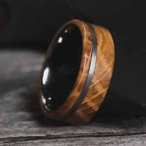 May include: A close-up of a ring with a dark interior and a light brown, wood-like exterior. A thin, dark gray band encircles the ring's exterior. The ring is set against a dark background.