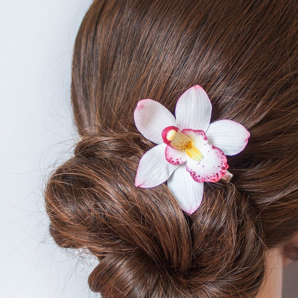 Hair clip with white orchid. Real touch tropical flowers. Bridal hair flower. Orchid jewelry