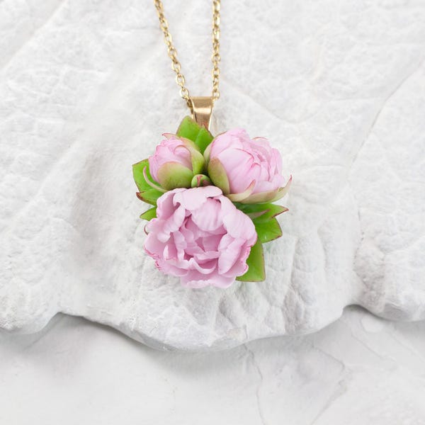 Pink Peony Flower Pendant: Handmade Polymer Clay Botanical Jewelry