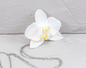 White orchid pendant. White flower necklace. Floral wedding pendant