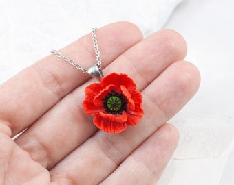 Smal poppy pendant. Miniature floral necklace