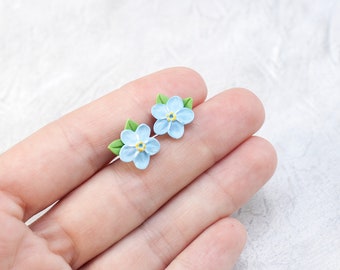 Mini stud earrings blue forget-me-not flower, Blooming floral earrings