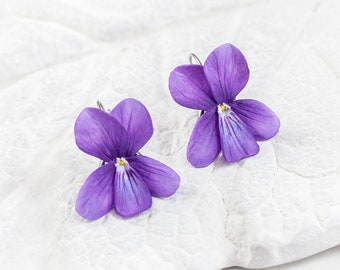 Violet Earrings, Realistic flower earrings, Purple wild violet, Floral earrings, Violet jewelry