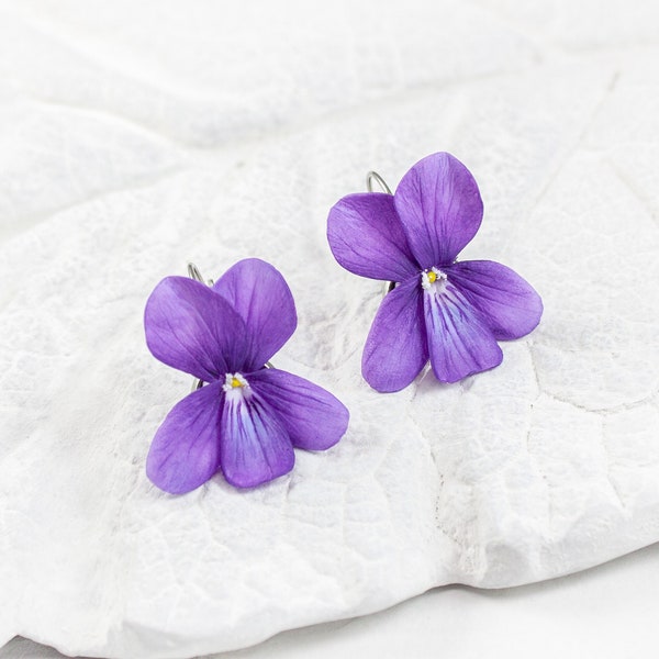 Violet Earrings, Realistic flower earrings, Purple wild violet, Floral earrings, Violet jewelry