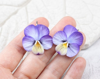 Pansy earrings Realistic viola flower Hand painted earrings