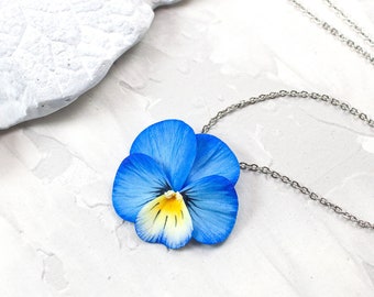 Blue pansy pendant, Realistic floral necklace, Pansy jewelry clay,  Blue floral necklace