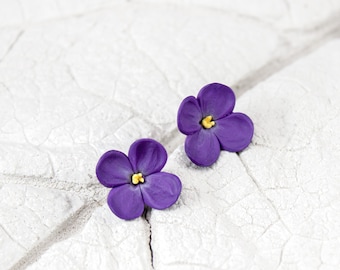 Lilac Flower Stud Earrings, Handmade Polymer Clay, Minimalist Style