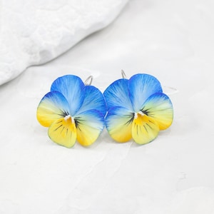 Pansy earrings. Realistic yellow-blue flower earrings. Floral earrings. Pansies jewelry