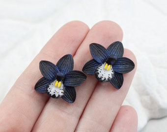 Black Orchid stud earrings. Miniature flower stud earrings. Earrings for every day