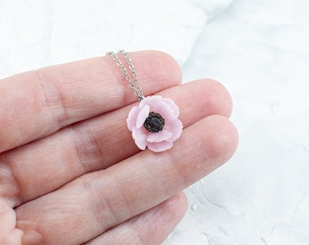 Pendant with realistic miniature light pink flowers. Blooming floral necklace. Botanical jewelry