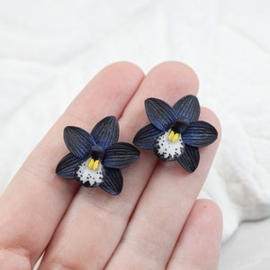 Black Orchid stud earrings. Miniature flower stud earrings. Earrings for every day