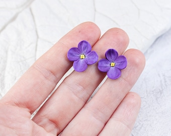 Lilac Flower Stud Earrings, Handmade Polymer Clay