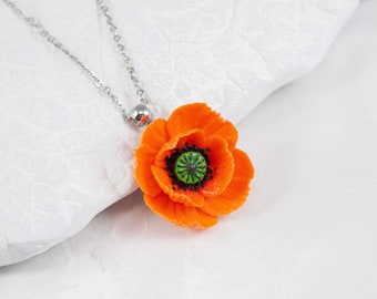 Orange poppy pendant. Pendant with orange flower. Poppy jewelry. Polymer clay flowers