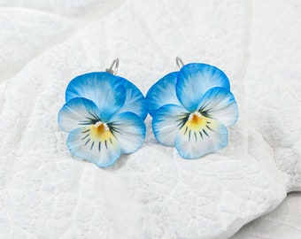 Blue pansy earrings, Hand painted earrings, Wedding earrings with delicate flowers