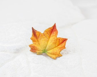 Brooch with a small maple leaf. Brooch with an autumn leaf. A small brooch on the lapel of a coat. Fall scarf pin. Rustic autumn accessory