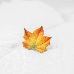 Brosche mit einem kleinen Ahornblatt. Brosche mit einem Herbstblatt. Eine kleine Brosche am Revers eines Mantels. Herbst Tuch Pin. Rustikales Herbst-Accessoire