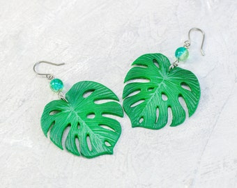 Monstera leaf earrings Monstera jewelry Large green earrings Palm leaf earrings Tropical earrings Polymer clay jewelry Monstera lover gift