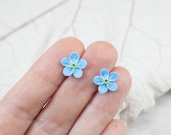 Mini stud earrings blue forget-me-not flower, Blooming floral earrings