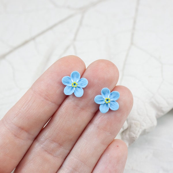 Mini stud earrings blue forget-me-not flower, Blooming floral earrings