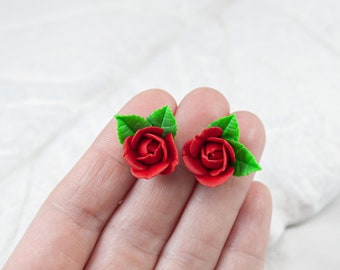 Mini red rose stud earrings. Miniature floral stud earrings. Tiny earrings