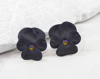 Black pansy earrings, Gothic earrings with black flowers