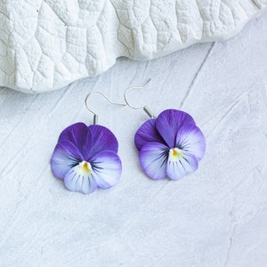 Pansy earrings. Realistic flower statement earrings. Pansies jewelry image 1
