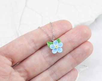 Mini pendant blue forget-me-not Polymer clay flowers Floral necklace Botanical pendant Floral jewelry