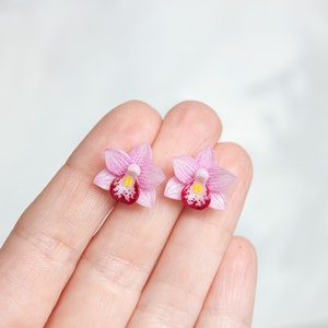 Miniature pink orchid stud earrings Small pink flower stud earrings