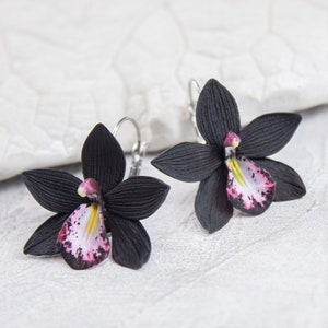 Black Orchid earrings Medium leverback floral earrings