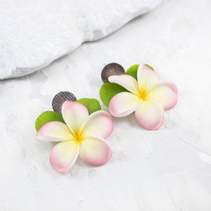 Plumeria Stud Earrings: Realistic Handmade Polymer Clay Frangipani, Beach Wedding
