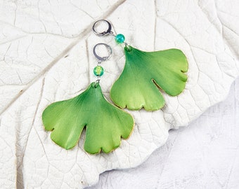 Ginkgo Biloba Leaf Earrings, Green Dangle Earrings, Long leaf Earrings