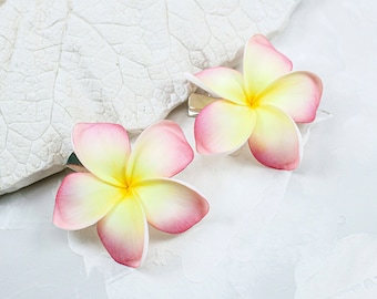 Plumeria Hair Clip Set of 2 pc: Realistic Hawaiian Flower, Bridal Accessory