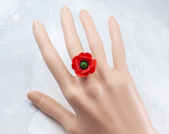 Red poppy ring,  Poppy jewelry,  Red flower ring, Botanical ring