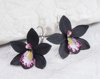 Black Orchid earrings Medium leverback floral earrings