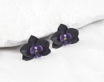 Black Phalaenopsis orchid stud earrings. Miniature flower stud earrings. Earrings for every day