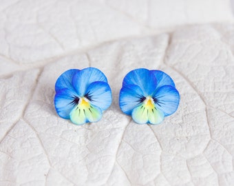 Blue pansy stud earrings Realistic flower jewelry