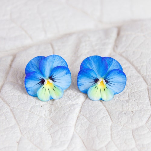Blue Pansy Stud Earrings Realistic Flower Jewelry Etsy