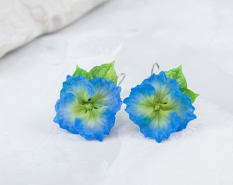 Blue Hydrangea earrings, Floral earrings, Hydrangea jewelry