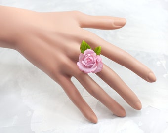 Rose pink ring, Dainty flower ring, Adjustable midi ring