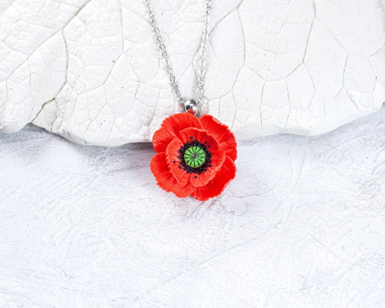 Red poppy pendant Pendant with red flower Poppy jewelry image 1