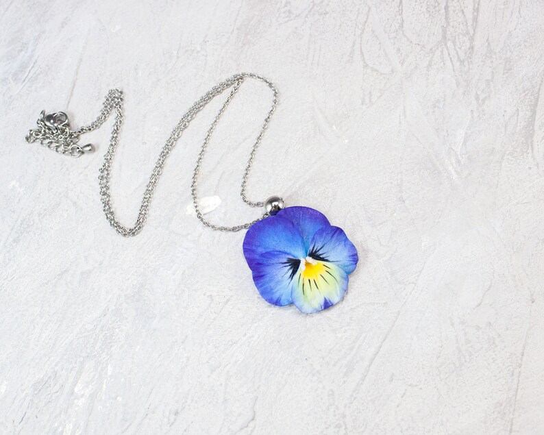 Blue pansy necklace. Realistic flower jewelry. Pansy jewelry. Etsy