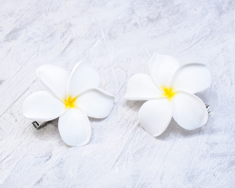 May include: Two white plumeria flower hair clips with yellow centers. The clips are on a white textured background.