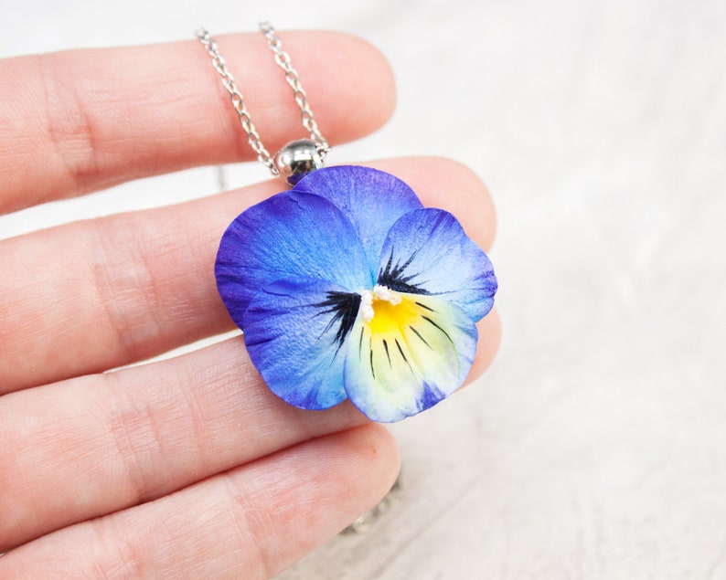 Blue pansy necklace. Realistic flower jewelry. Pansy jewelry. Etsy